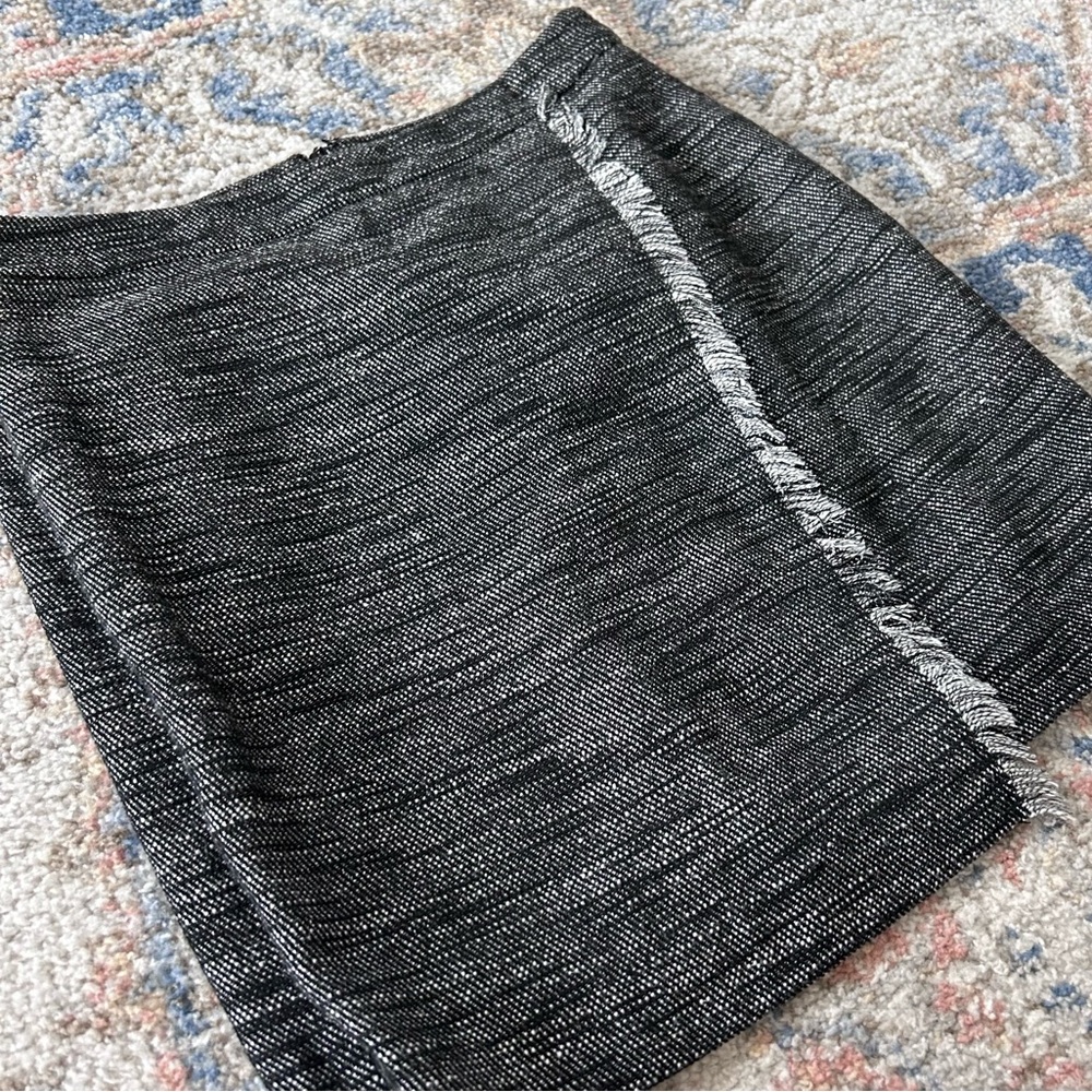 LOFT Black Metallic Tweed Mini Skirt with Fringe Trim